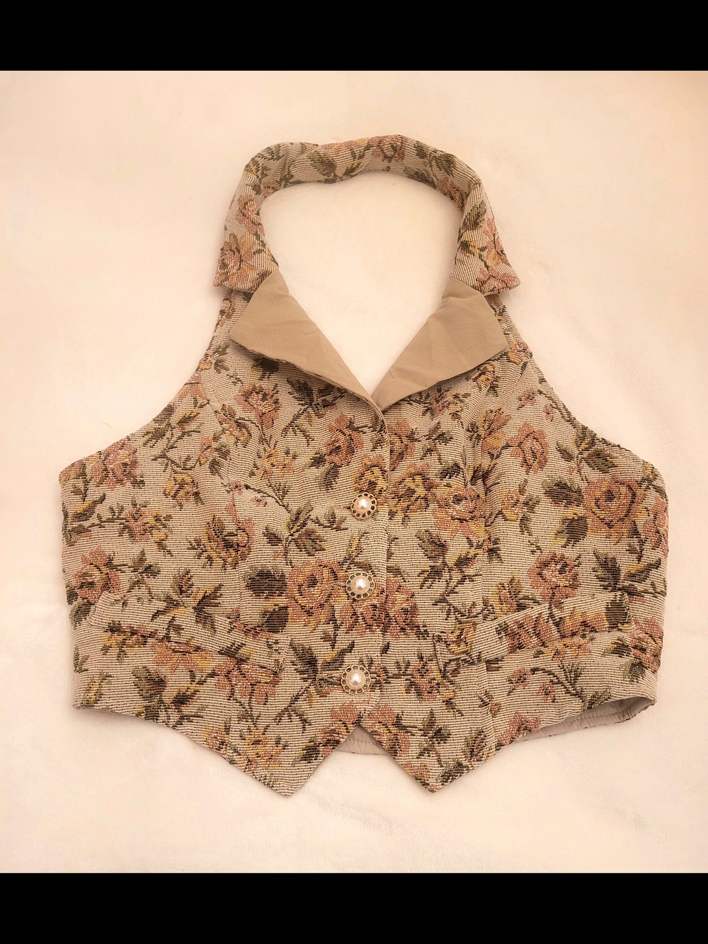 Floral Tapestry Halter Crop Top - Beige Pink